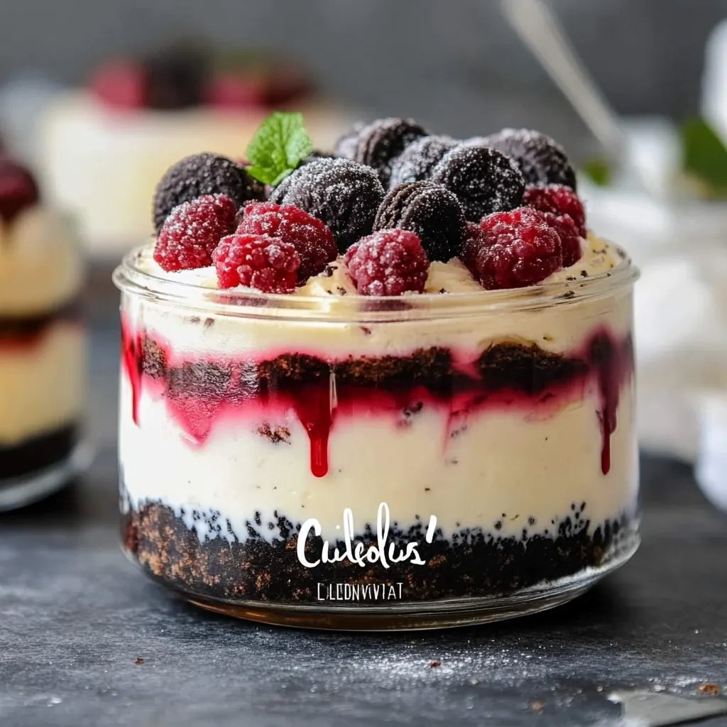 Cremiger Cheesecake im Glas mit Oreo und Himbeertopping